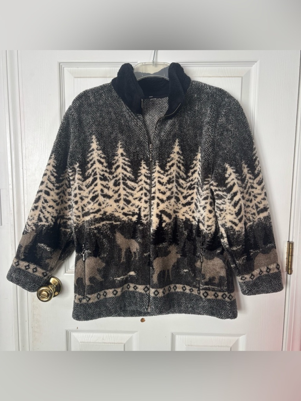 Forest Wildlife Zip-Up Fleece Jacket in Black and Cream